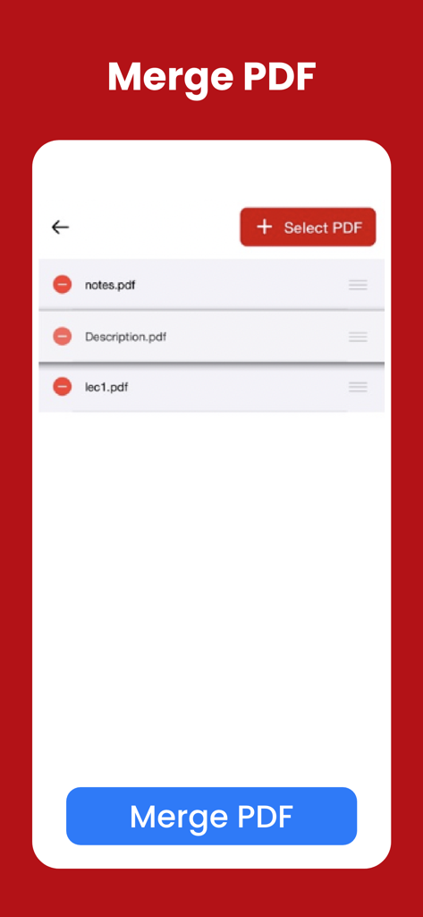 Schermata di un'app mobile che mostra un elenco di file PDF come note e descrizioni pronti per essere uniti con un pulsante blu in basso.