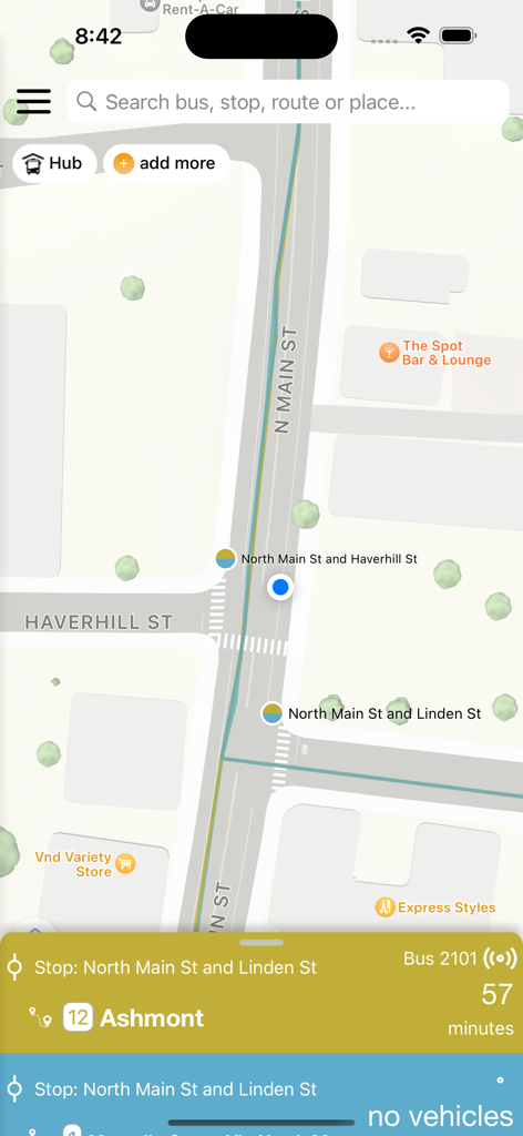 Passio GO - Passio GO map interface displaying bus stops and estimated arrival times for transit routes.
