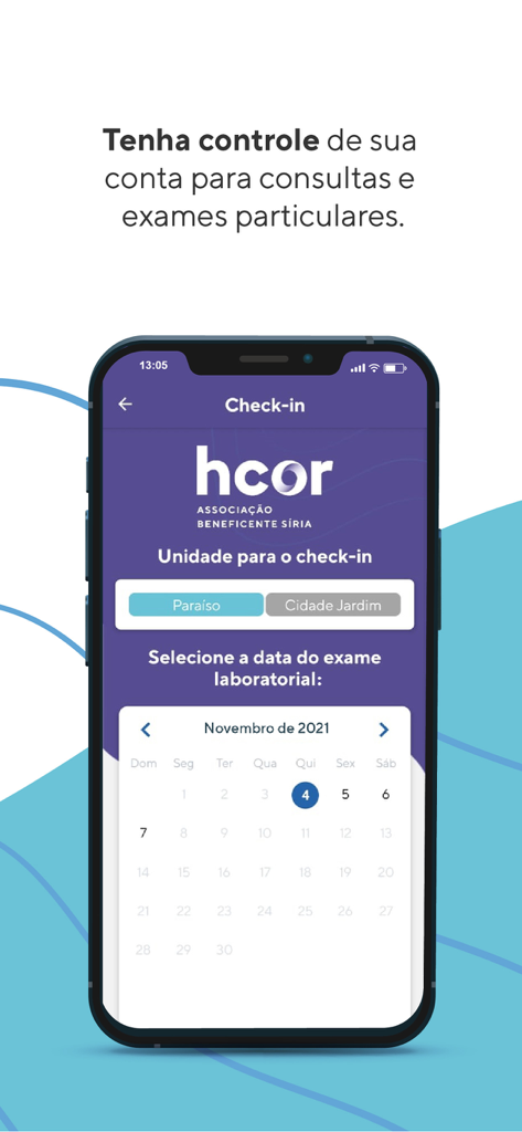Hcor - Hcor app check-in screen showing unit selection and laboratory exam date calendar.