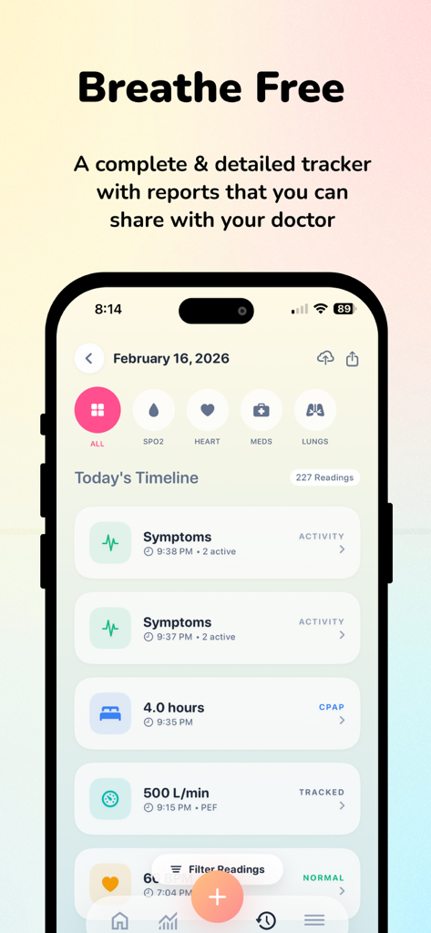 Blood Oxygen Monitor - OxyByte - Interface of OxyByte app showing a timeline of respiratory symptoms, CPAP usage, and peak flow readings for health tracking.