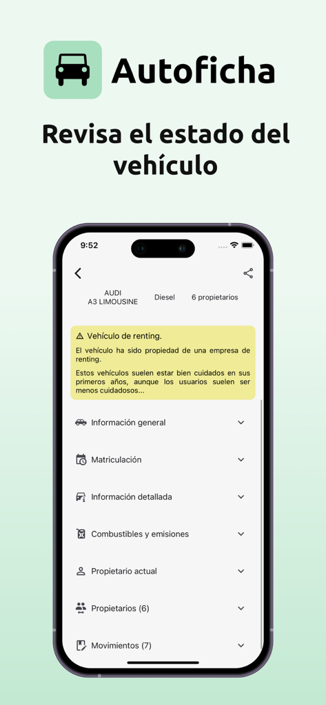 Autoficha - Informe DGT - App Autoficha che mostra un report dettagliato della storia del veicolo inclusa la cronologia di immatricolazione e proprietà