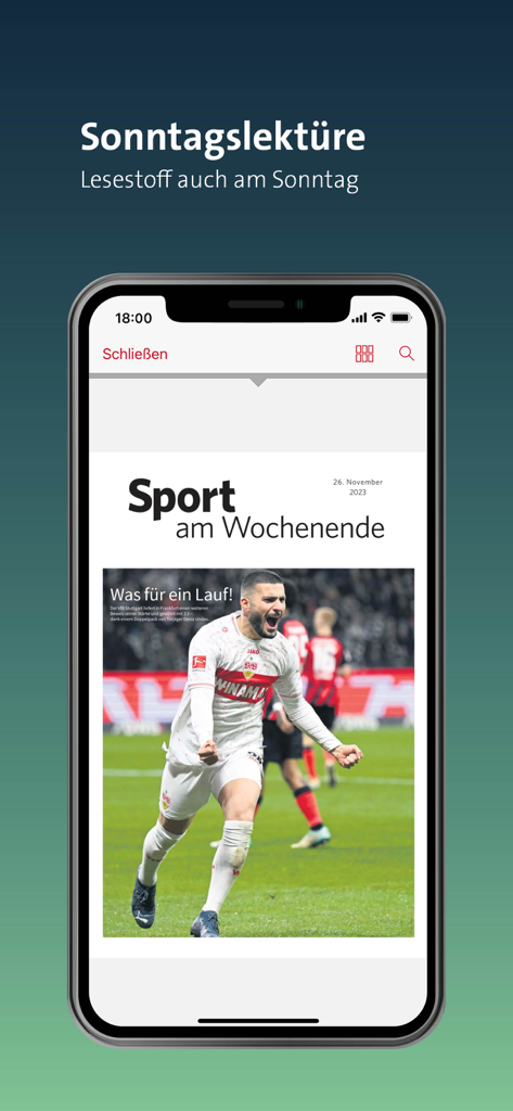 Ein Smartphone, das den Sportteil der Sonntagsausgabe der LKZ e-paper App mit einem jubelnden Fußballspieler zeigt