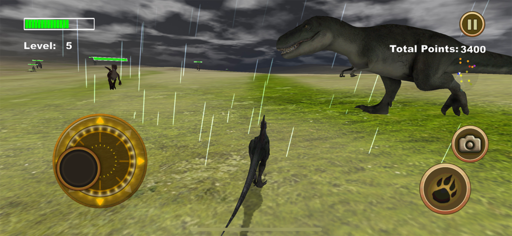 A Spinosaurus facing a large dinosaur boss in a rainy 3D open world environment