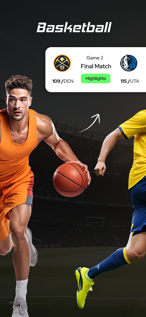 NBA Score, Football Live Score - Basketball live score interface showing Denver versus Utah match results and highlights button