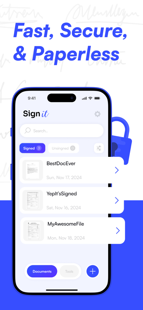 Sign Documents: PDF Signature - iPhone-Bildschirm, der die SignIt-App mit einer Liste unterzeichneter Dokumente und der Überschrift "Schnell, sicher und papierlos" anzeigt