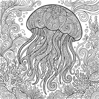 Explore the fascinating world of the Immortal Jellyfish with this beautifully intricate coloring page designed for adults. Dive into a sea of complex patterns and serene underwater motifs, perfect for mindful relaxation.