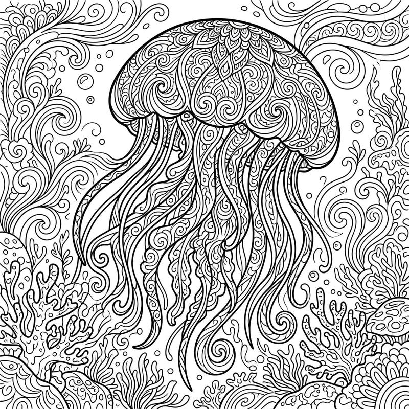 Explore the fascinating world of the Immortal Jellyfish with this beautifully intricate coloring page designed for adults. Dive into a sea of complex patterns and serene underwater motifs, perfect for mindful relaxation.