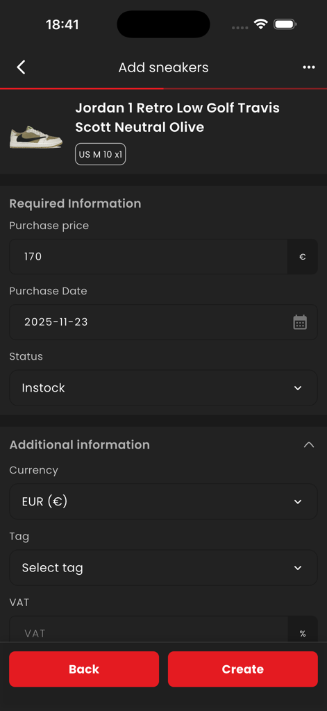 Interface of the PocketSneaker app for adding a Jordan 1 Retro Low Golf Travis Scott to an inventory collection