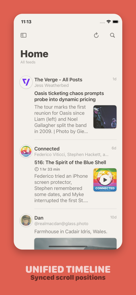 Reeder app home screen displaying a unified timeline of news articles and podcasts with synced scroll positions