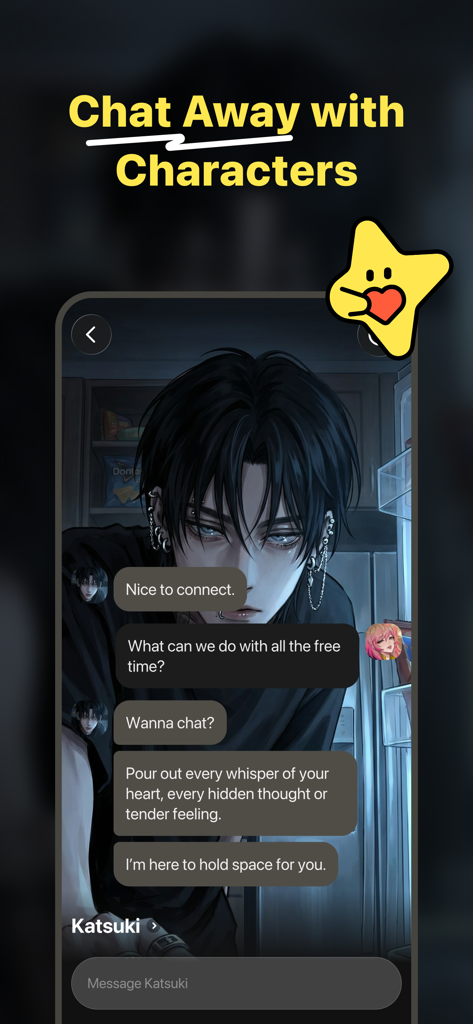 Interface of the Dootchi app showing an immersive chat with an anime-style character named Katsuki