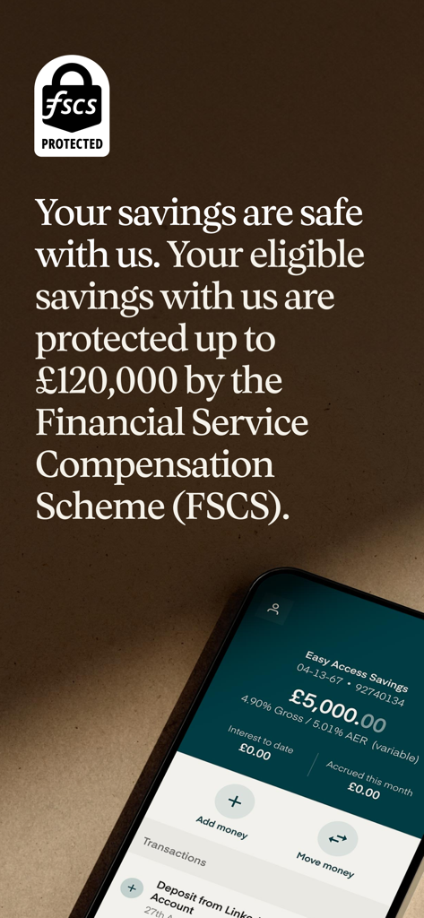 Monument Bank mobile app interface showing savings account balance and FSCS protection guarantee