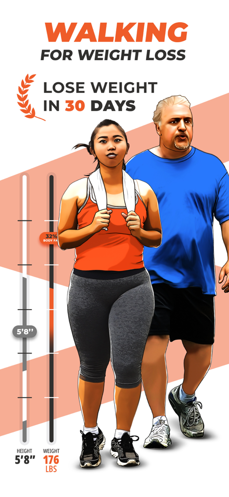 Walking & Weight Loss Tracker - 남녀가 30일 체중 감량 챌린지를 위해 걷고 있으며 건강 통계가 표시됨