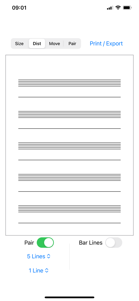 Staff Designer - Interfaz de la aplicación Staff Designer que muestra un diseño de partitura personalizado con pentagramas de cinco líneas emparejados con líneas individuales