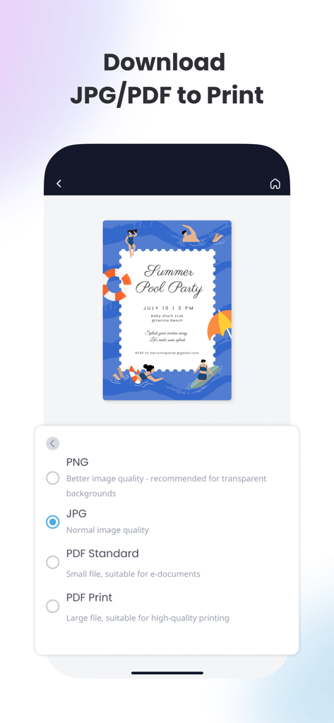 Oberfläche der Vivipic-App, die JPG- und PDF-Download-Optionen für eine sommerliche Poolparty-Einladung zeigt