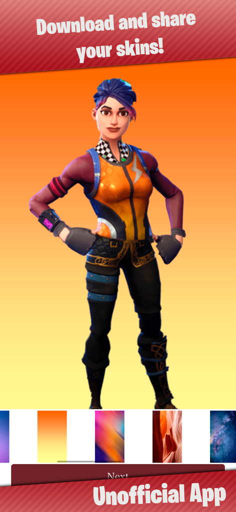 A custom female character skin in the Skin Creator for Fortnite app with a sharing prompt.