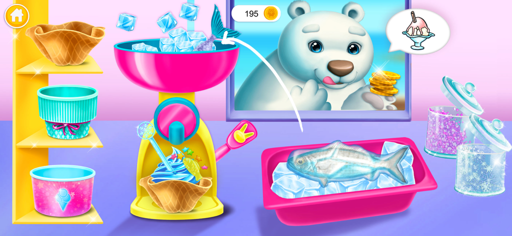 Swirly Icy Pops - Un oso polar esperando un postre helado de pescado en el juego Swirly Icy Pops.