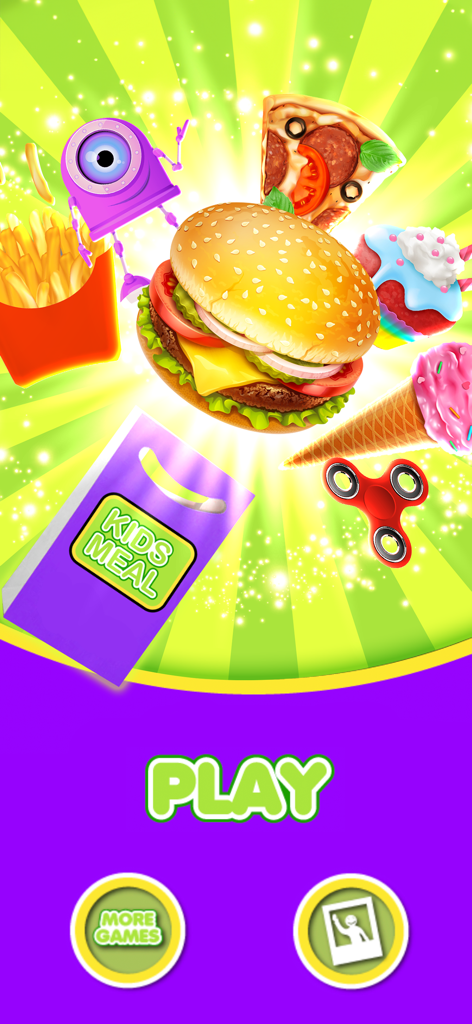 School Lunch Food Meal Maker - A tela principal do aplicativo School Lunch Food Meal Maker com uma exibição colorida de um hambúrguer, pizza, batatas fritas e brinquedos infantis.
