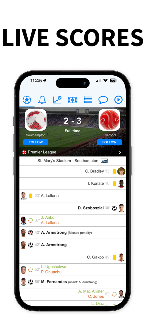 Soccer Scores - Soccer Scores app interface showing live match summary with goals and cards for a Premier League game