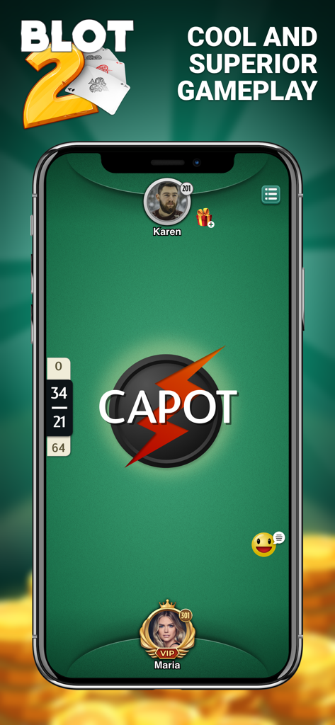 Blot 2 - A gameplay screenshot of Blot 2 showing a two-player card match with a Capot achievement on a green table