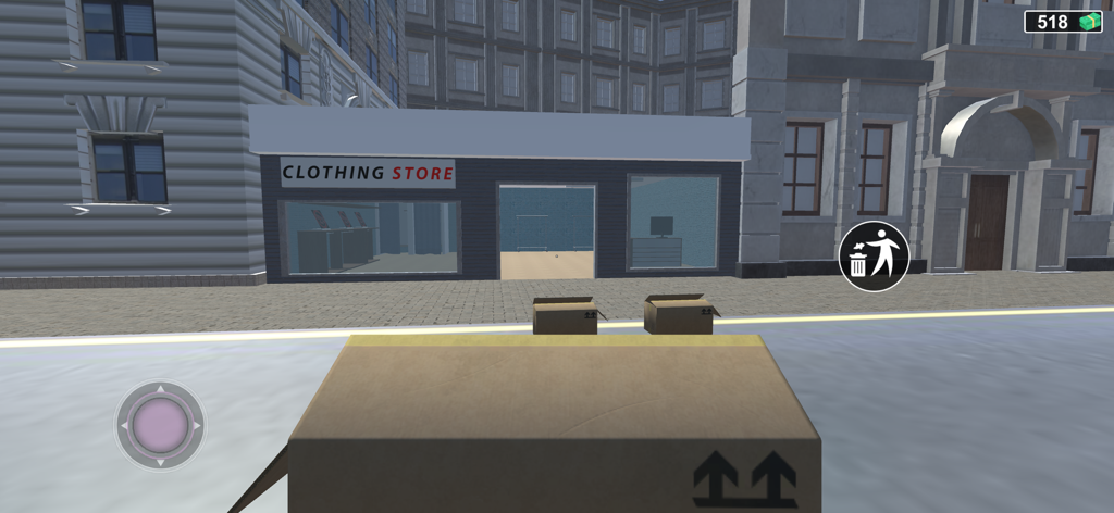 Una simulación 3D que muestra la fachada de una boutique de ropa con cajas de entrega en primer plano.