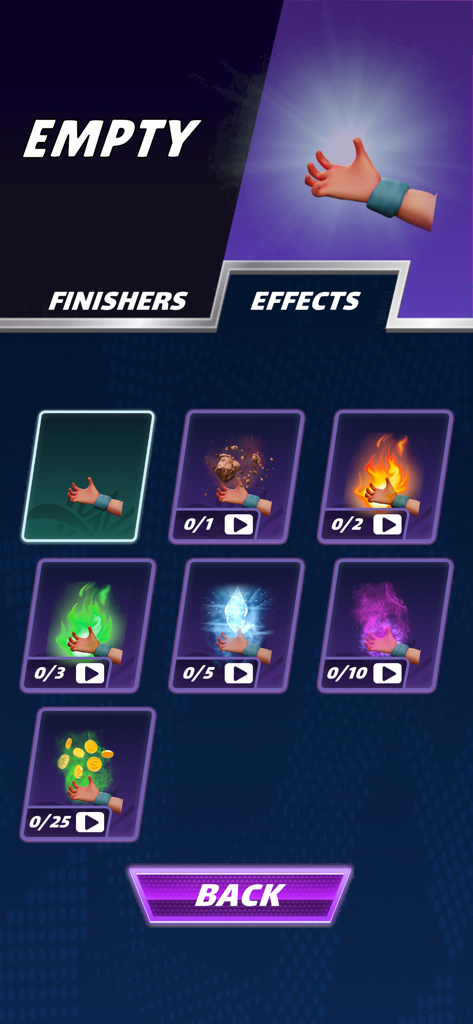 Wrestling Trivia Run! - Customization screen for finisher effects in Wrestling Trivia Run showing unlockable powerups like fire and ice