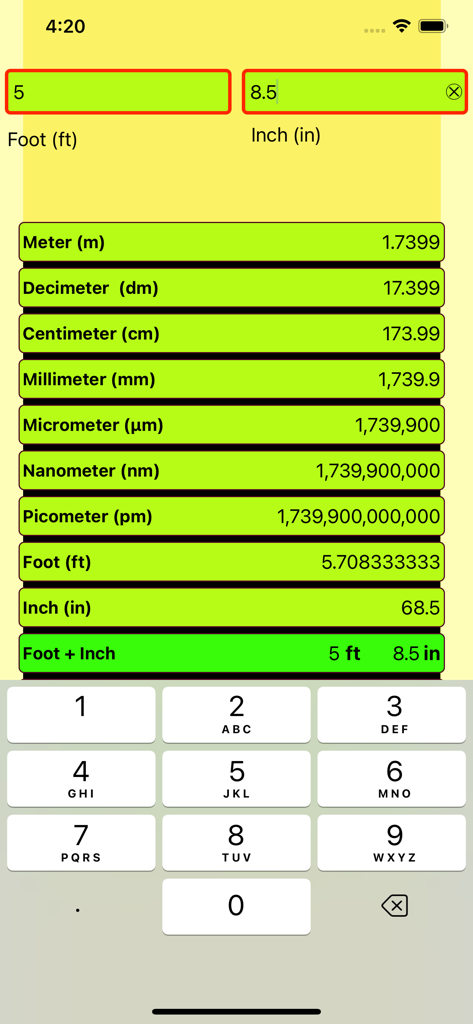 Length Conversion - Mobile App-Oberfläche zur Umrechnung von Fuß und Zoll in verschiedene metrische und imperiale Einheiten