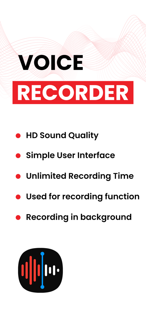 Recorder - Voice Memos - Captura de tela do aplicativo Gravador - Notas de Voz destacando recursos como qualidade de som HD e tempo de gravação ilimitado
