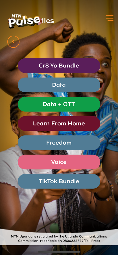 MTN Pulse Uganda app screen showing a menu of data and voice bundle options including TikTok Bundle and Create Your Bundle