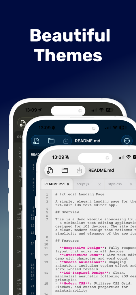 txt.edit - Simple Text Editor - Exhibición de diferentes temas de color oscuros y claros para la aplicación de editor de código txt.edit