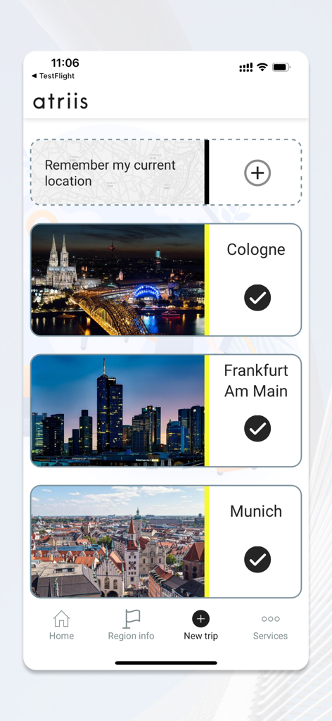 Atriis mobile - Atriis mobile app screen displaying a list of travel destinations and a location tracking feature