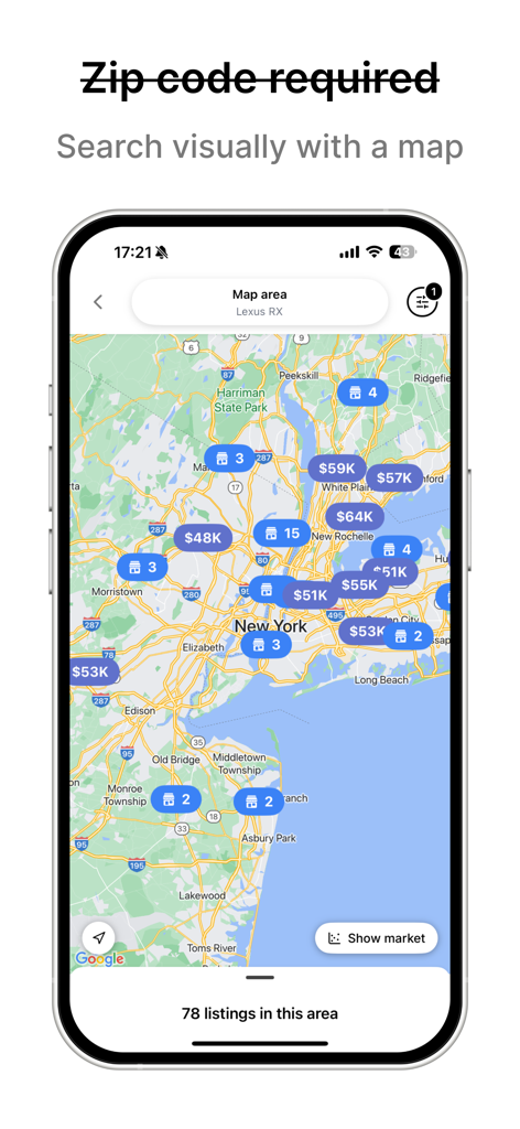 Visor - Smarter Car Search - Interactive map interface in the Visor app showing car listings and price points for a Lexus RX in the New York area