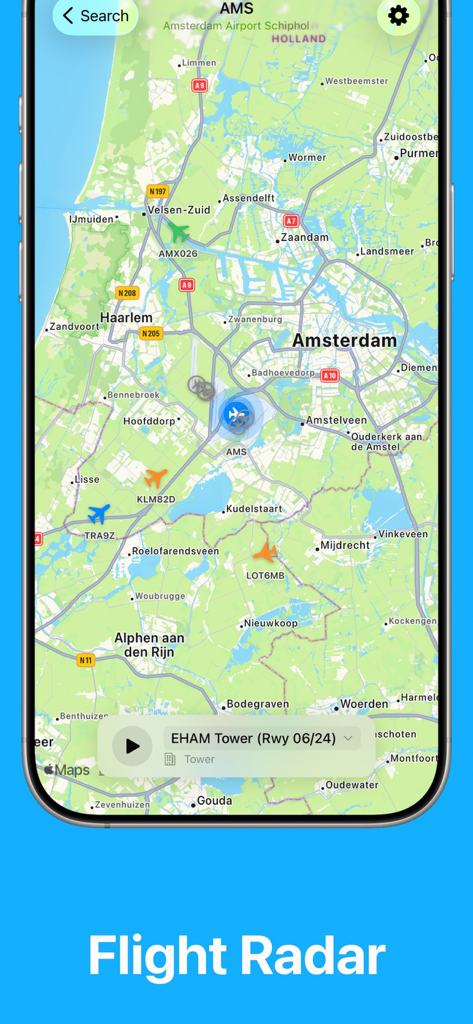 Aviary - Live ATC - Aplicación Aviary mostrando el rastreo del radar de vuelos en vivo y audio ATC para el aeropuerto de Ámsterdam
