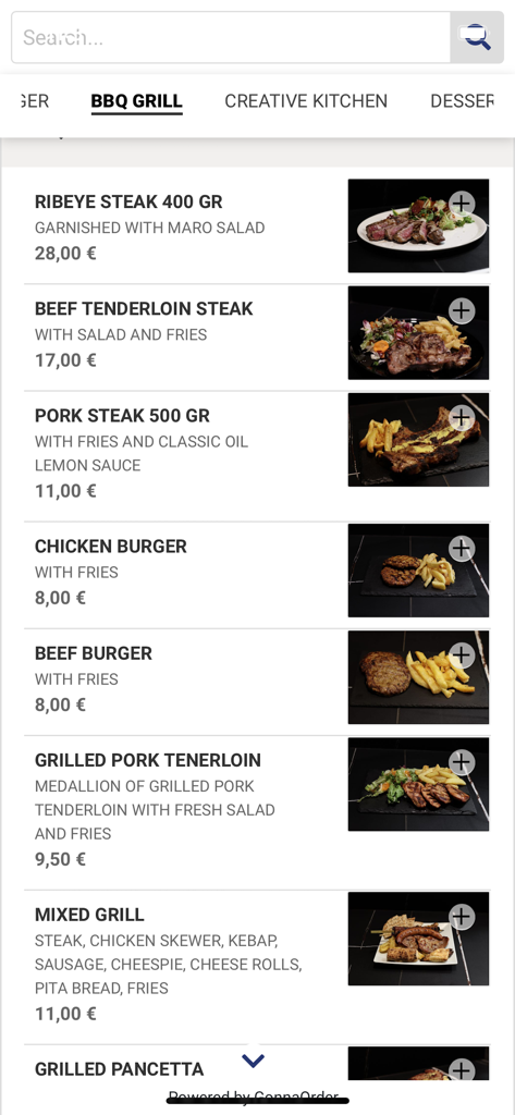 Avliアプリのデジタルメニュー。ステーキやハンバーガーなどのBBQグリルアイテムと価格が表示されています。