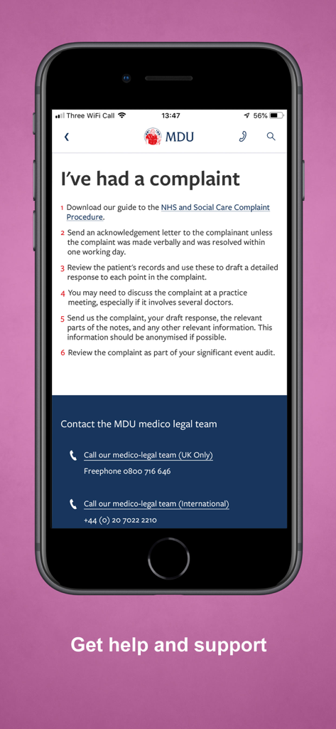 MDU - Interface do aplicativo MDU mostrando um guia de 6 passos para médicos sobre como lidar com reclamações de pacientes e informações de contato para a equipe médico-legal