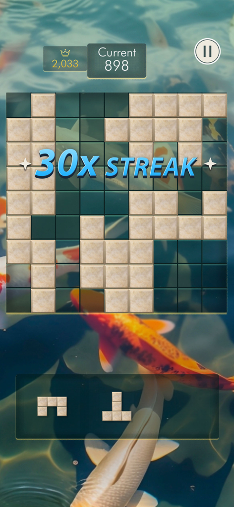 Gameplay of Zendoku block puzzle game featuring a 30x streak and a serene koi pond background.