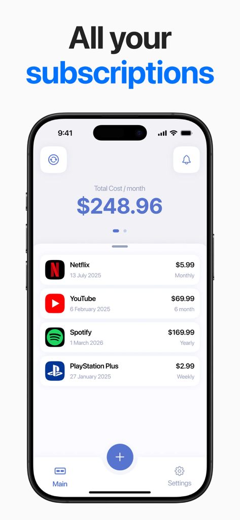 Dashboard view of the Subscription Cancel Manager app displaying a list of recurring payments and total monthly cost.