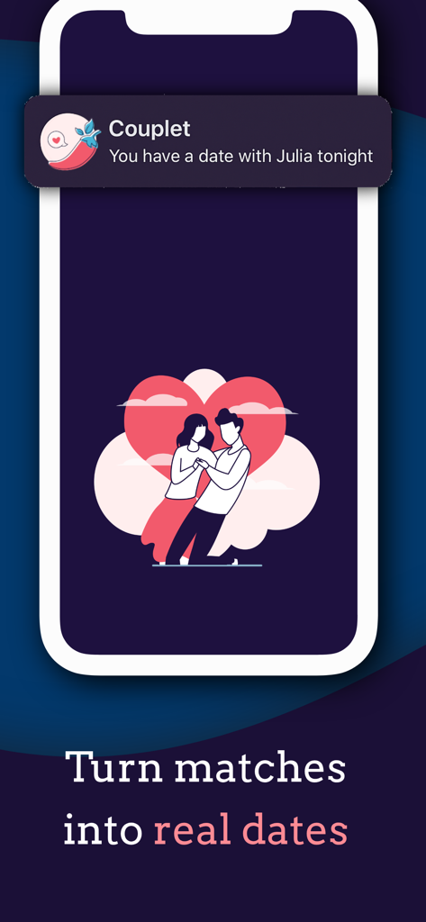 Couplet: Spice Up Relationship - Mobile screen showing a Couplet app notification for a date night with an illustration of a couple