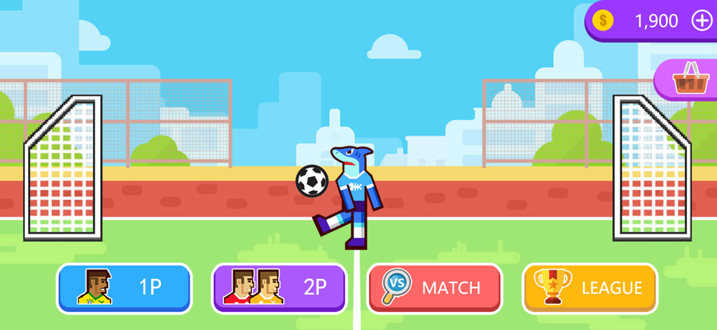 Happy Soccer Physics - Main menu of Happy Soccer Physics showing a shark character juggling a ball with 1P and 2P game mode buttons