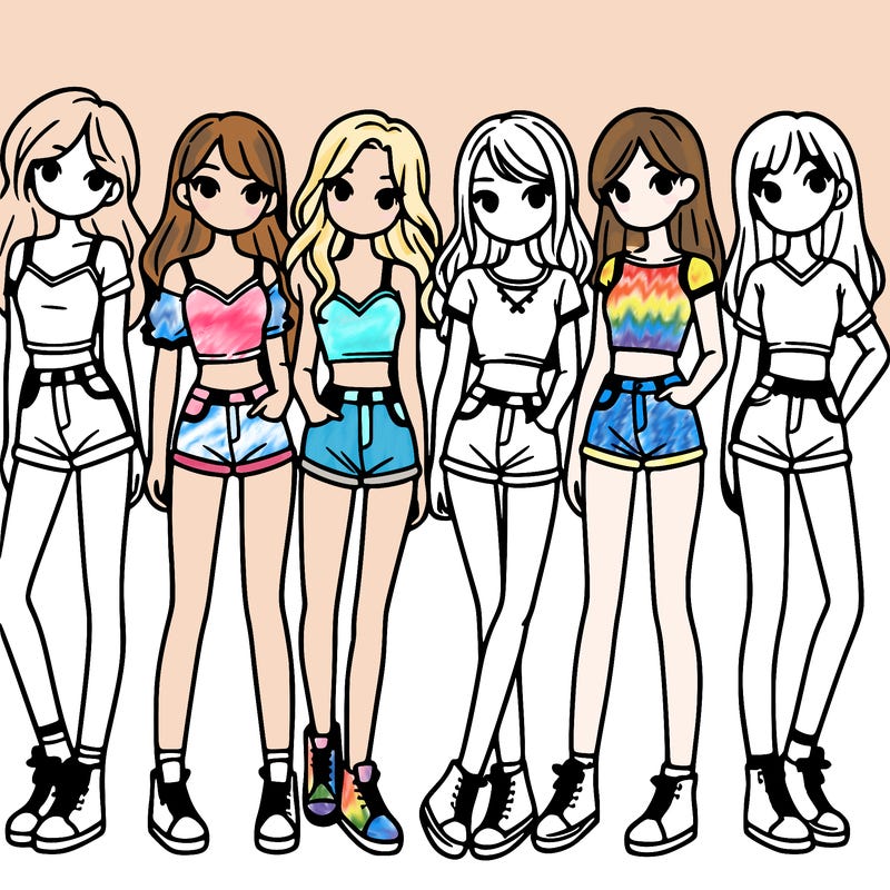 a group of girls wearing crop tops and shorts