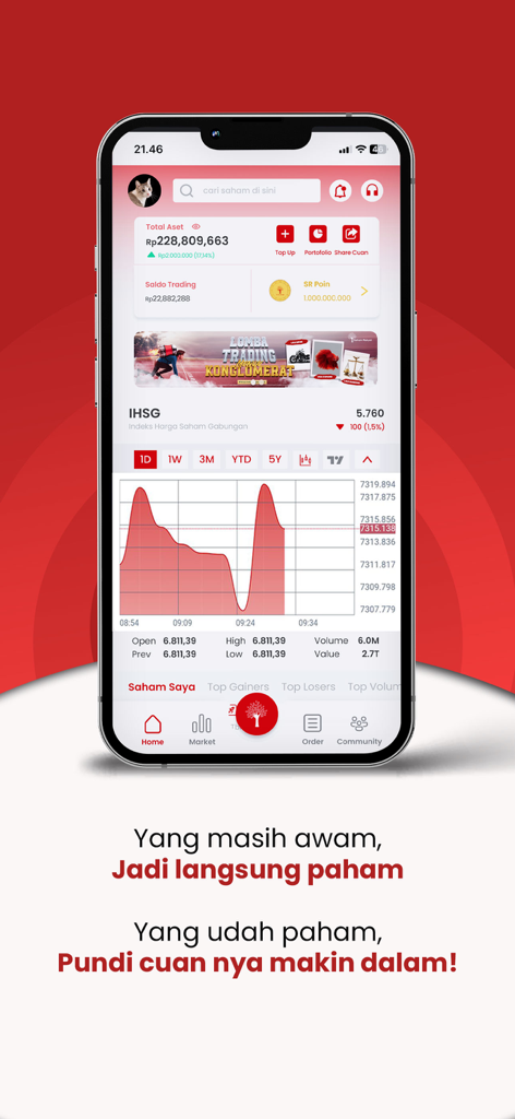 Saham Rakyat - Saham Rakyat mobile app home screen showing investment portfolio balance and IHSG stock market index graph