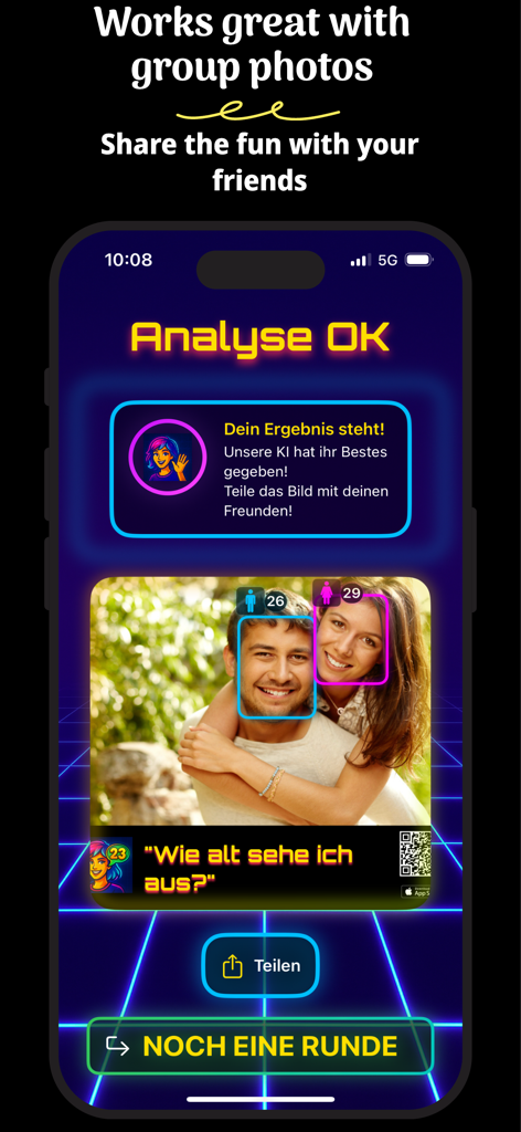 Estimate my Age - Screenshot of the Estimate my Age app showing age estimation for a couple in a group photo with a sharing button