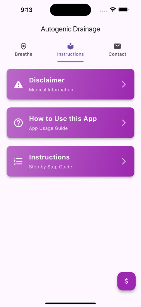 El menú de instrucciones de la aplicación Drenaje Autógeno que muestra enlaces al descargo de responsabilidad médica, la guía de uso y las instrucciones paso a paso