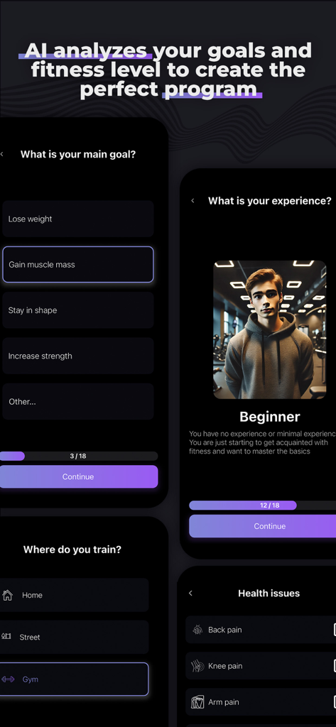 F/AI: AI Gym & Fitness Trainer - Pantallas de incorporación de la aplicación móvil F/AI para programas de entrenamiento personalizados que incluyen objetivos y niveles de condición física