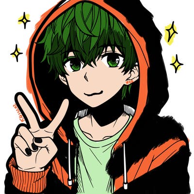 teenage manga boy in a hoodie, doing ✌