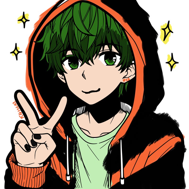 teenage manga boy in a hoodie, doing ✌