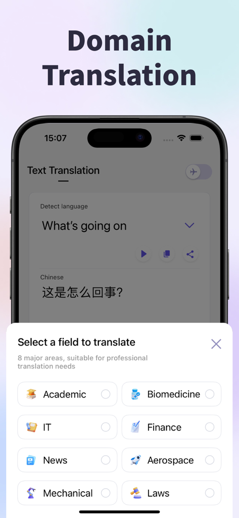 Translate・Camera Translator - Un menú que muestra categorías de traducción especializadas como Finanzas, TI y Leyes para necesidades profesionales