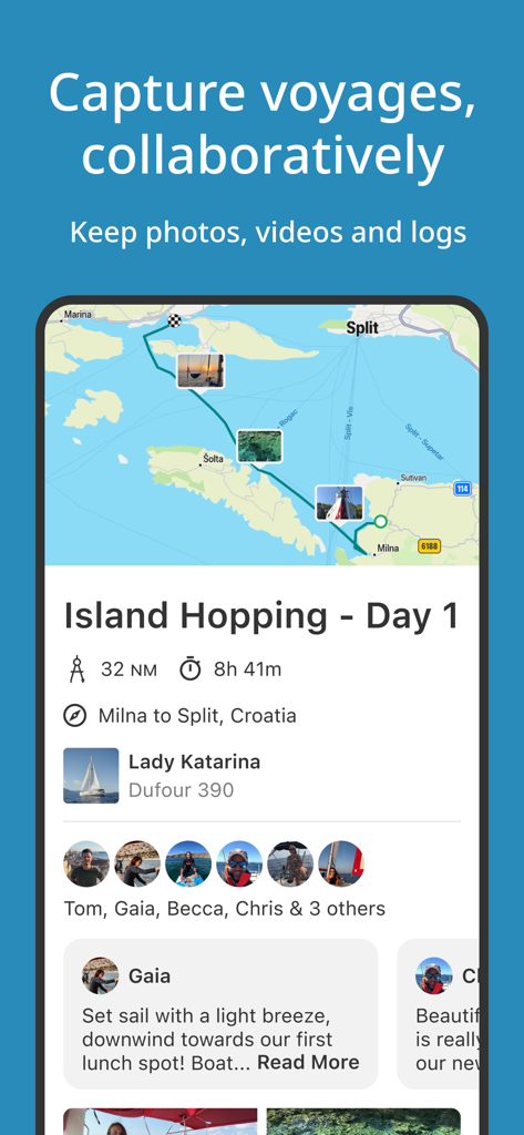 SailTies: Logbook GPS Tracking - SailTies app screenshot showing a collaborative sailing voyage logbook with GPS map tracking and crew participation