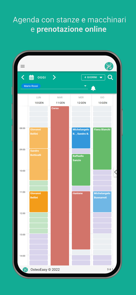Vista agenda settimanale nell'app OsteoEasy che mostra blocchi di appuntamenti colorati