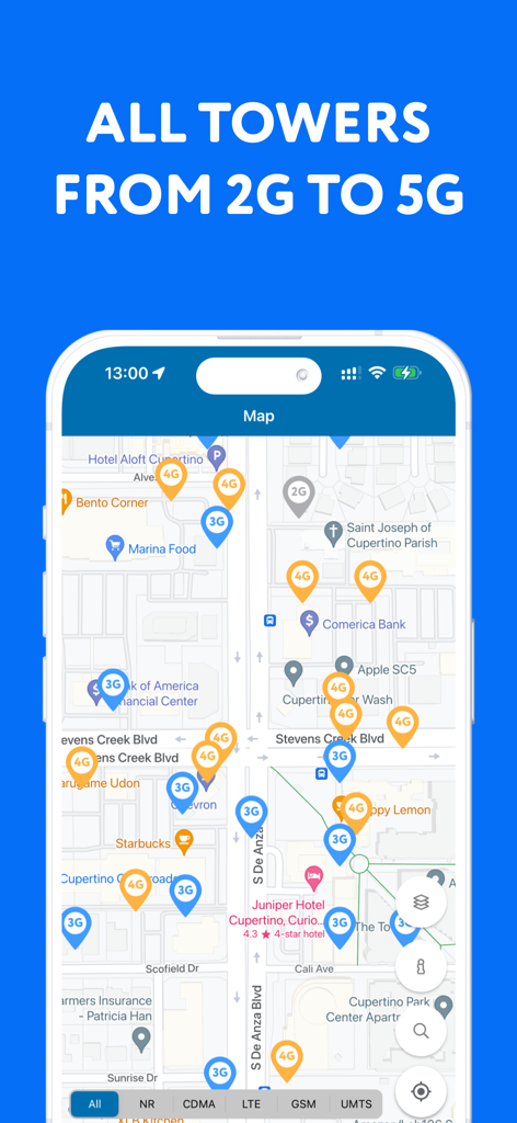 Pantalla de smartphone que muestra un mapa con marcadores codificados por colores para torres celulares 2G 3G 4G y 5G en un área urbana