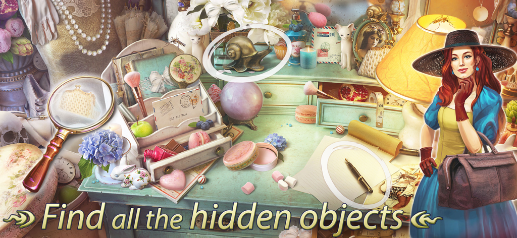 Secrets of Paris Hidden Object - A woman in a blue dress stands next to a vintage vanity desk filled with hidden objects to find